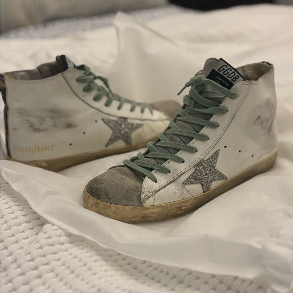 Golden Goose Francy White High-Top Sneakers with Glitter Star
